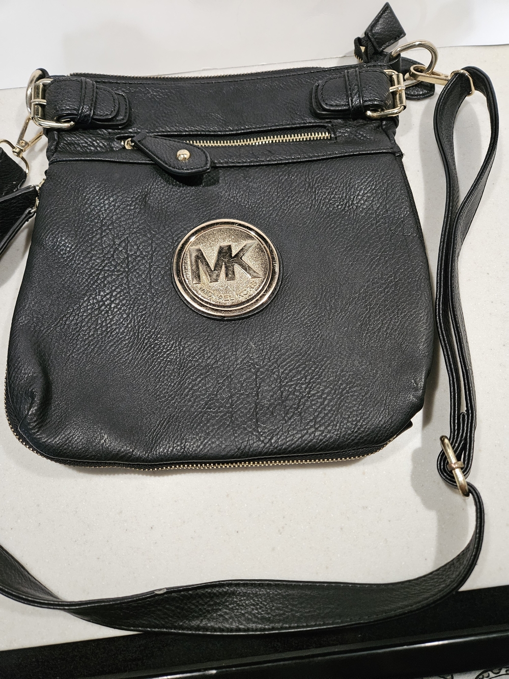 Michael Kors Black Leather Crossbody with Gold MK Emblem